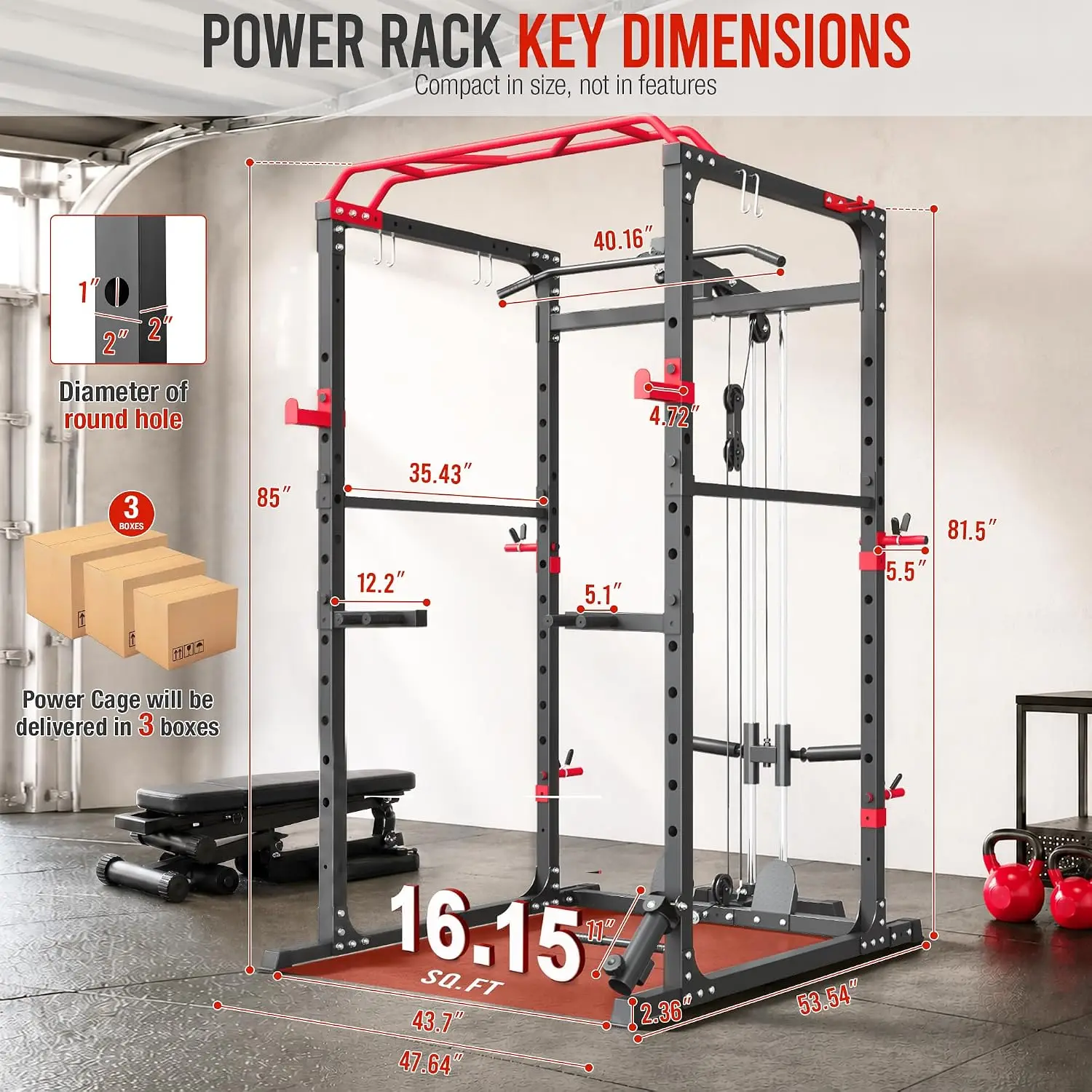 Power Rack, Multi-Function Squat Rack with LAT Pull Down, Power Cage with Pulley System, Strength Training Home Gym Equipment wi
