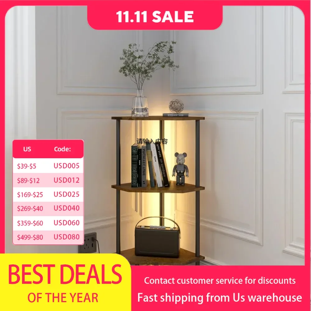 Corner table with LED lights, corner table for small space, display stand, brown and black, suitable for bedroom, living room