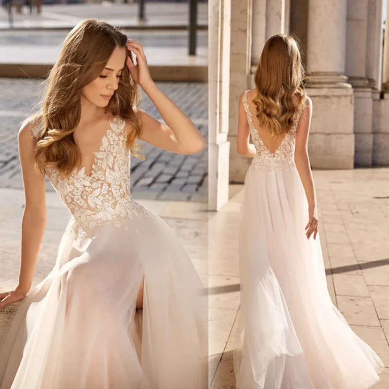 

Summer Beach Wedding dresses Lace Appliques bridal gown Crystal Sleeveless V-Neck Vestido De Noiva
