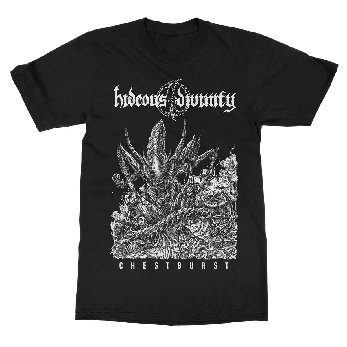 Retro Hand Drawn Cthulhu Monster Hideous Divinity Print T Shirt, Brutal Death Metal Gothic Dark Streetwear Unisex Tee