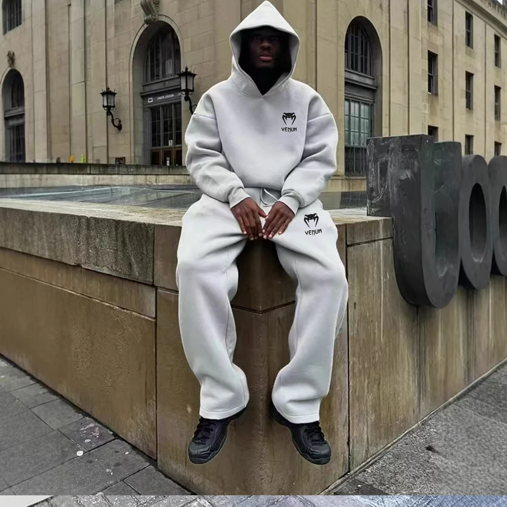 سويت شيرت رجالي كبير الحجم بلون سادة، سويت شيرت Y2K عالي الجودة مكون من قطعتين، بنطال كاجوال مستقيم الساق، ملابس خروج للزوجين