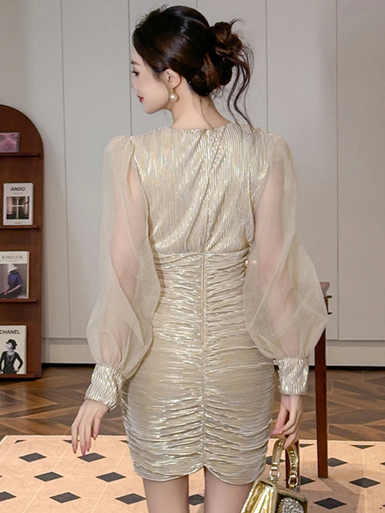 New Fashion Lady Sparkly Gold Bright Silk Evening Short Dress Women Clothing Elegant Luxury Sexy V-Neck Slim Party Prom Vestidos