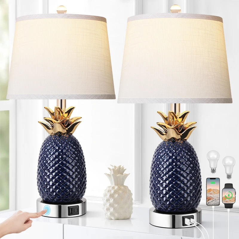 Juego de piña de 22 pulgadas de 2 lámparas de cerámica regulables de 3 vías lámpara de sala de estar moderna azul marino con puerto USB lámparas de mesa altas costeras
