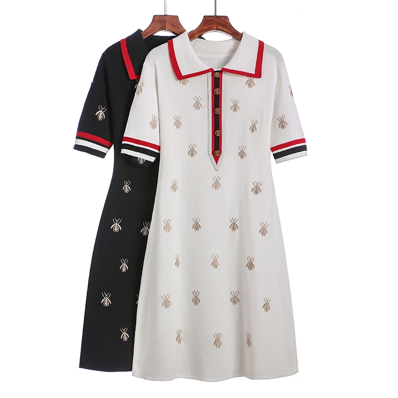 2024 Spring Summer Simple Knitted Skirt Slimming Short-sleeved Polo Collar Dress Fashion Temperament British Style Mid-length