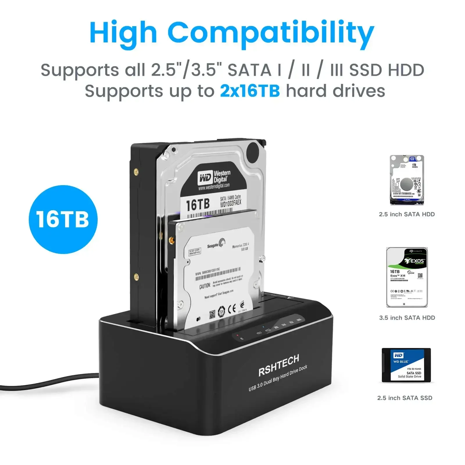 HDD Docking Station RSHTECH SATA to USB 3.0 Dual Bay Hard Drive Enclosure for 2.5/3.5