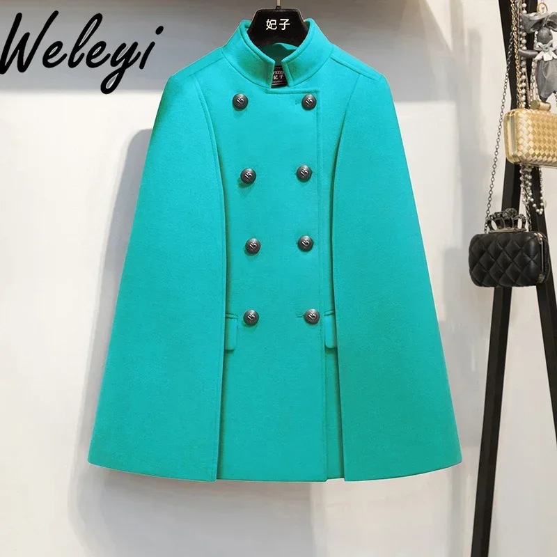 

High-end Woolen Cape Coat Office Ladies 2024 Autumn and Winter New British Style Retro Women's Double Breasted Shawl Wool Coat