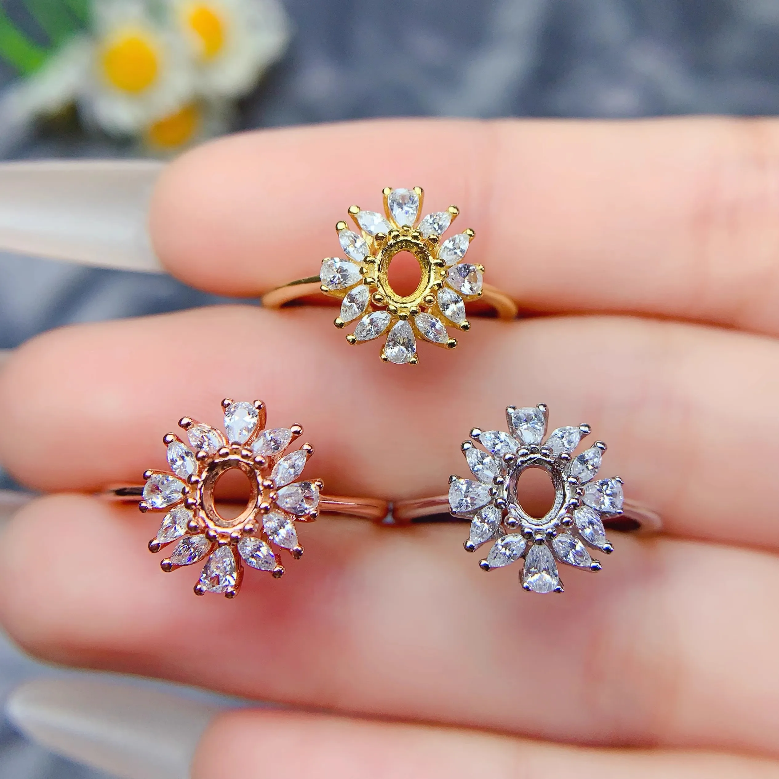 Y S925 Sterling Silver Inlay 4*5mm Oval Stone Empty Holder Ring Flower DIY Fine Simple Design Light Luxury Zircon 3 Colors