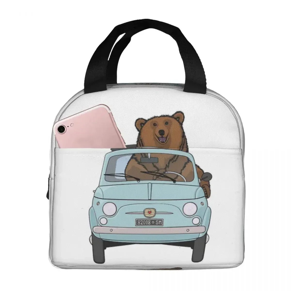 

Bear In A Pale Blue Vintage Fiat 500 Insulated Lunch Bags Picnic Bags Thermal Cooler Lunch Box Lunch Tote for Woman Work Kids