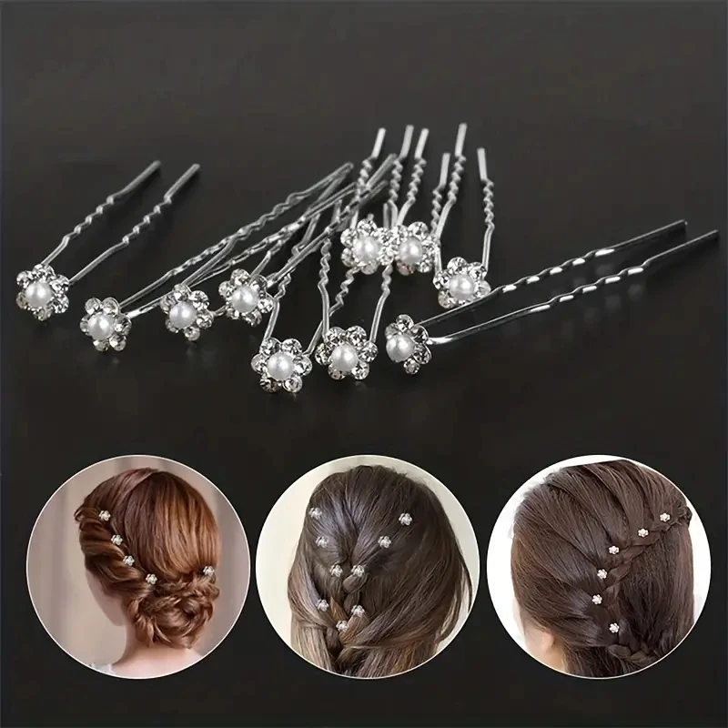 20 Pcs/set Bridal Headwear Pins Pearl Flower Luxurious Inlaid Diamond Hairpin Sweet Romantic U-shaped Curly Hair Fork Hair Clip