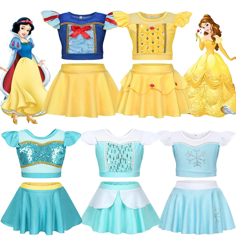 

2pcs Korean Girls Swimwear Disney Princess Snow White Rapunzel Swimsuit Set Girls Summer Beach Surf Swimming Bathing Suit 2-10Y