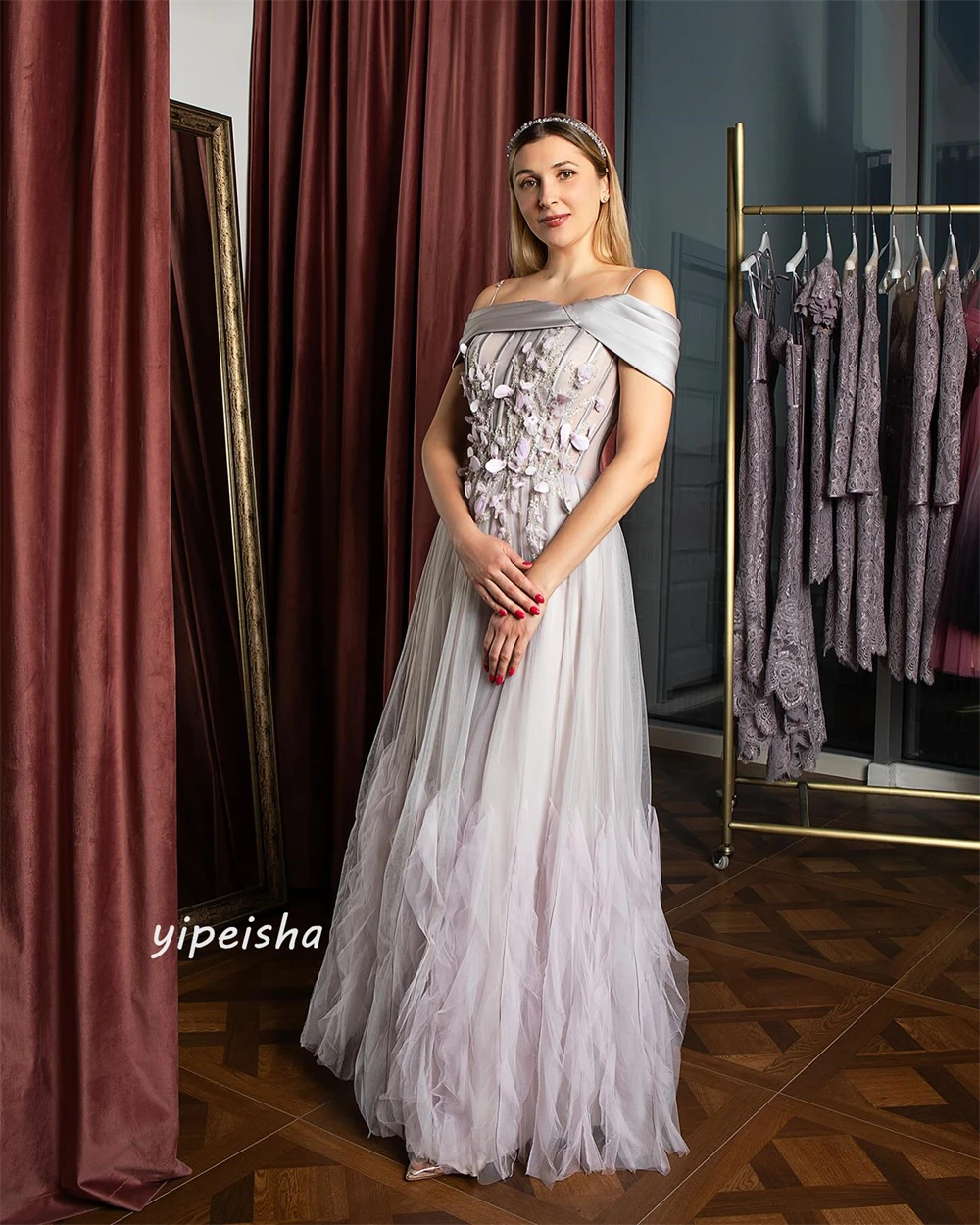 Tulle Applique drappeggiato perline Prom a-line Off-the-spalla abito occasioni su misura abiti lunghi