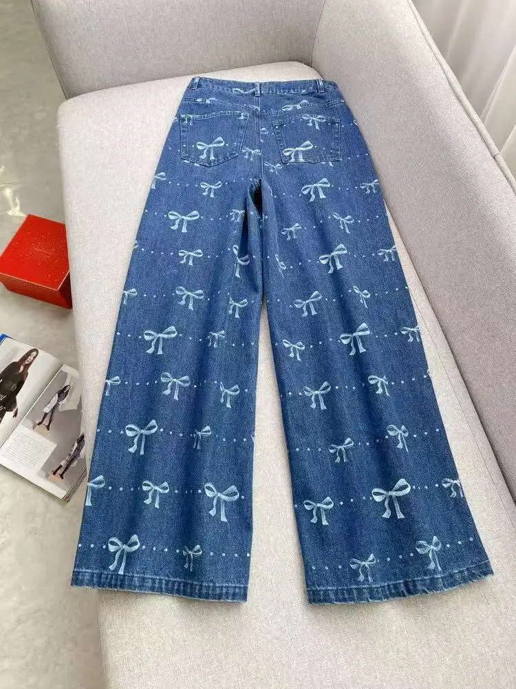 Pantalones vaqueros con estampado de lazo azul para mujer, pantalón informal, de pierna ancha, a la moda, para principios de primavera