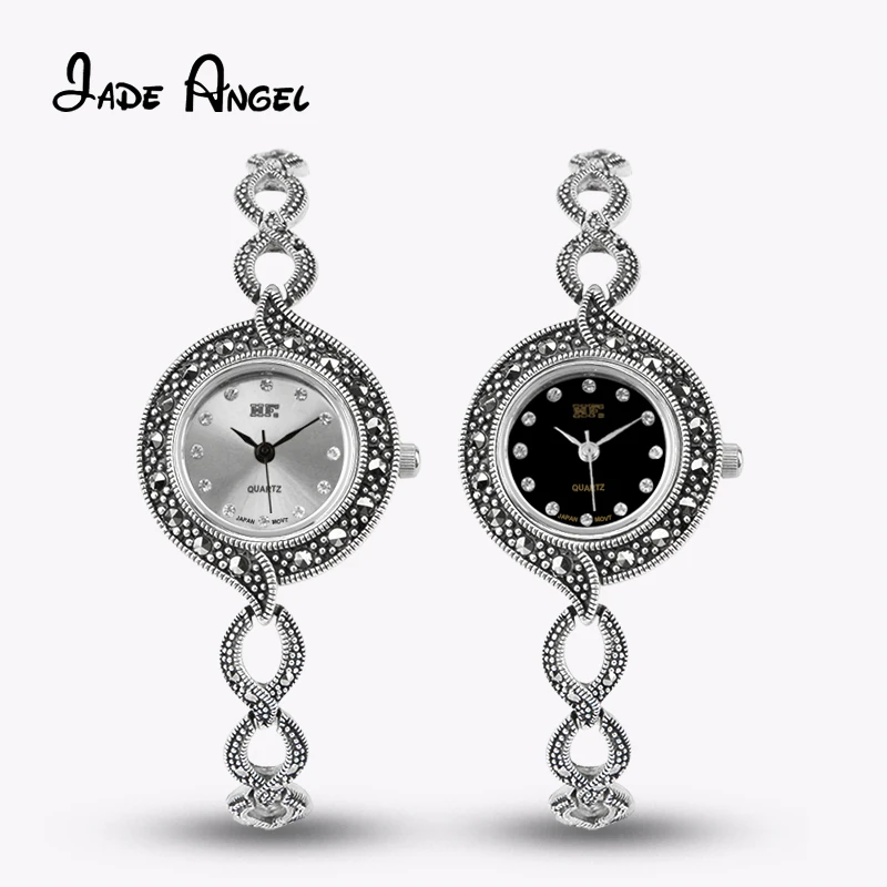 

JADE ANGEL 925 Sterling Silver Ladies Watch with 7mm Hollowed-out Watch Strap Luxury Marcasite Wrist Watch Bracelet for Women