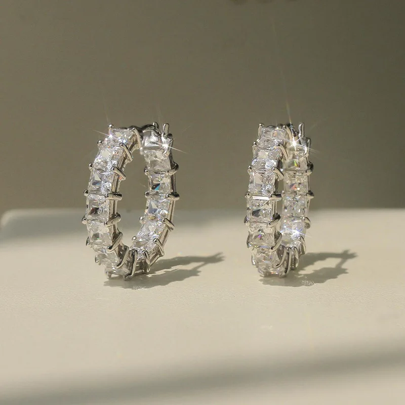 Trendy Female Earrings 925 Sterling Silver Full Pave Princess Square Zircon Earrings for Women Fashion Circle Ear Jewelry Gift