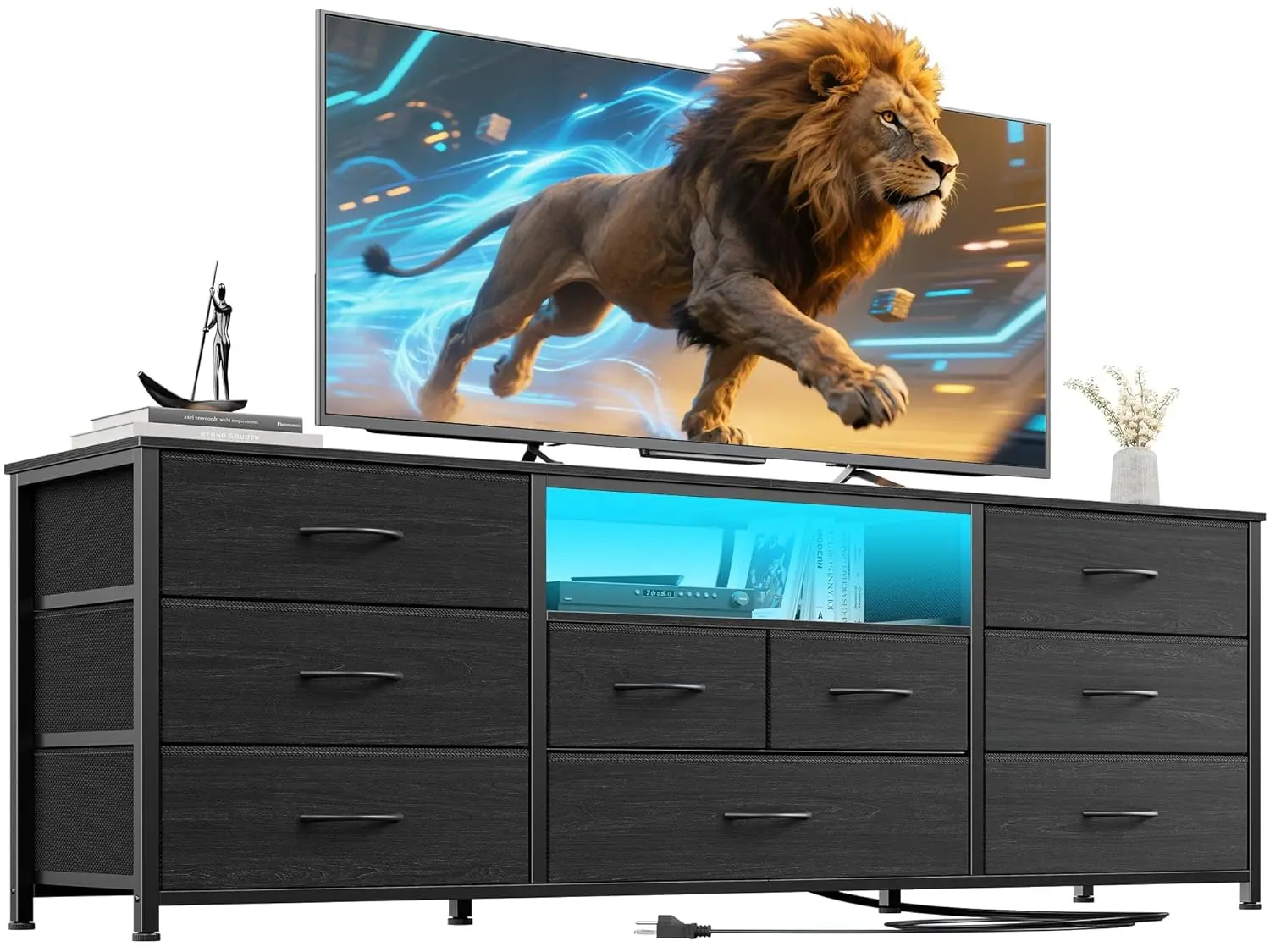

63in 9-Drawer Dresser TV Stand Power Outlet LED Light 65-75in TV Bedroom Closet Fabric Drawers Black Customized