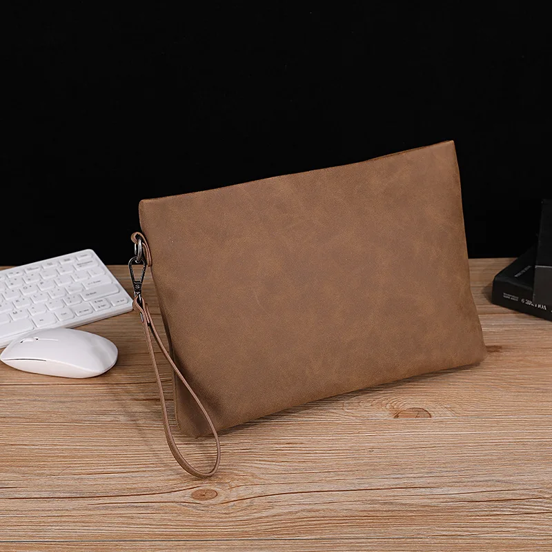 Casual Soft PU Leather Horizontal Square Clutch Bag Coffee Brown Crazy Horse Skin Men's Handheld Bag