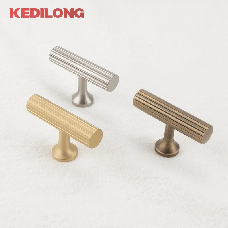 KEDLO European Luxury Solid Brass Gold Long Handle Vertical Pattern Vintage Bronze Knob Cabinet Drawer Nickel Brushed Handle