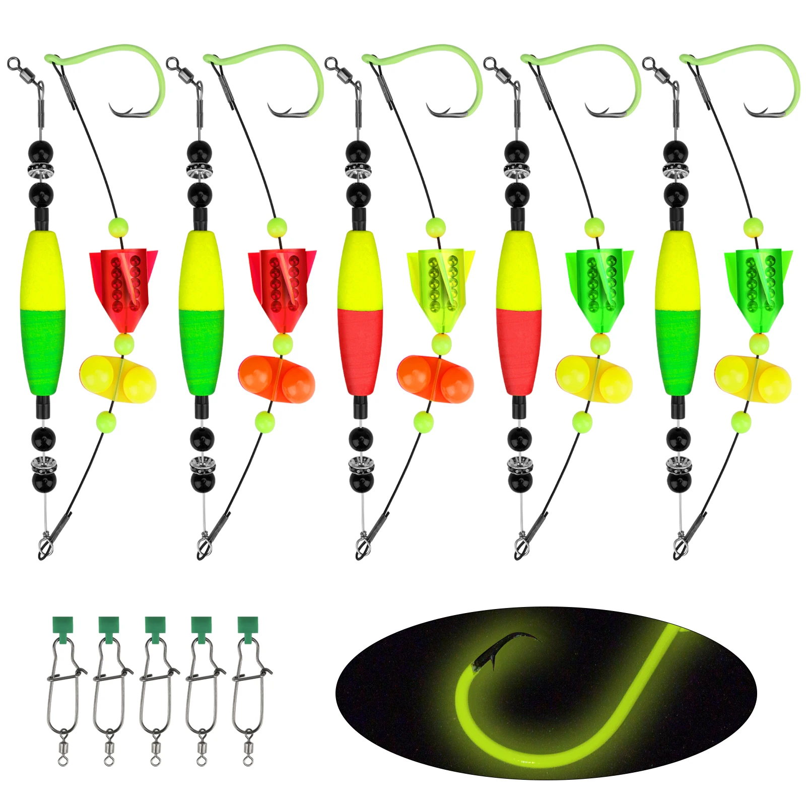 

Qualy 5pcs Catfish Floats Rig EVA Foam Fishing Slip Float #6/0 #8/0 #10/0 Stainless Steel Circle Hooks Catfish Rattle Rig