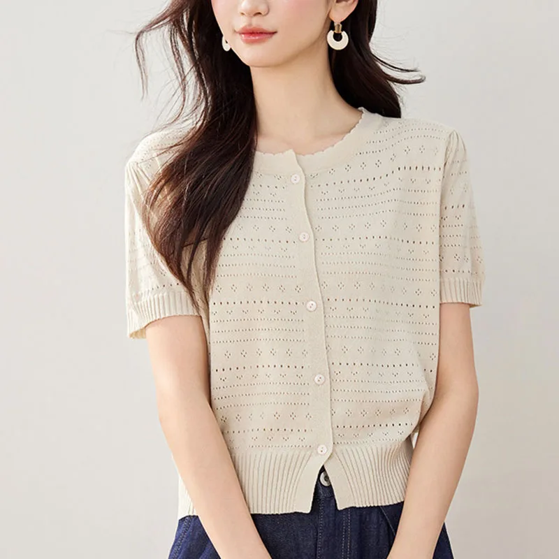 Short Sleeve White T-Shirt Women 2026 Summer New Ice Silk Casual Cardigan Knitted Tshirts Hollow Out Thin Crop Tops Female