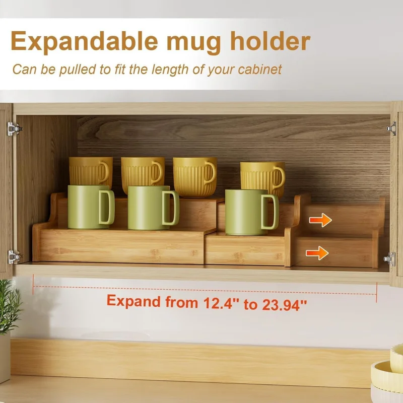 

Multi functional bamboo double-layer expandable coffee cup holder for household use, suitable for kitchen cabinets