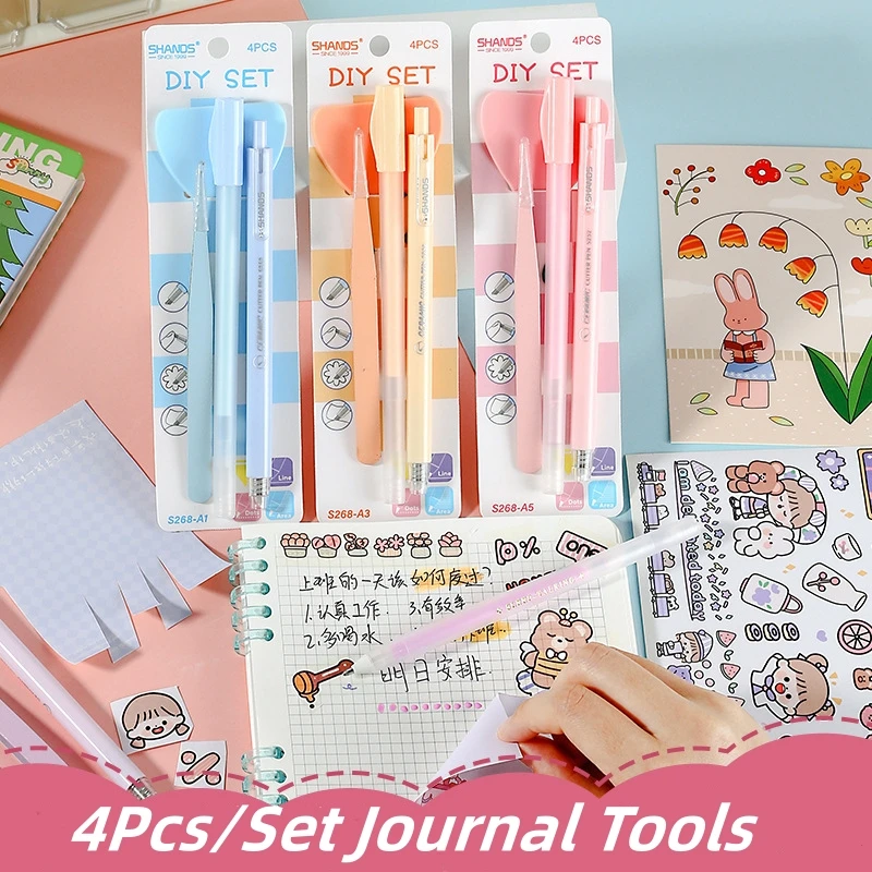 

4 Pcs/Set Cute Journal Tools Dot Glue Pen Carving Knife Tweezers Shovel Stationery Set DIY Handmade Student School Supplies