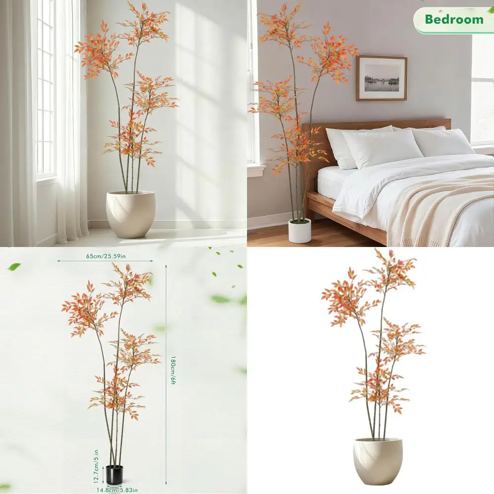 

6ft Tall Artificial Nandina Bamboo Tree for Indoors - Potted Greenery Plant with Realistic Foliage for Home or Office Decor (Red