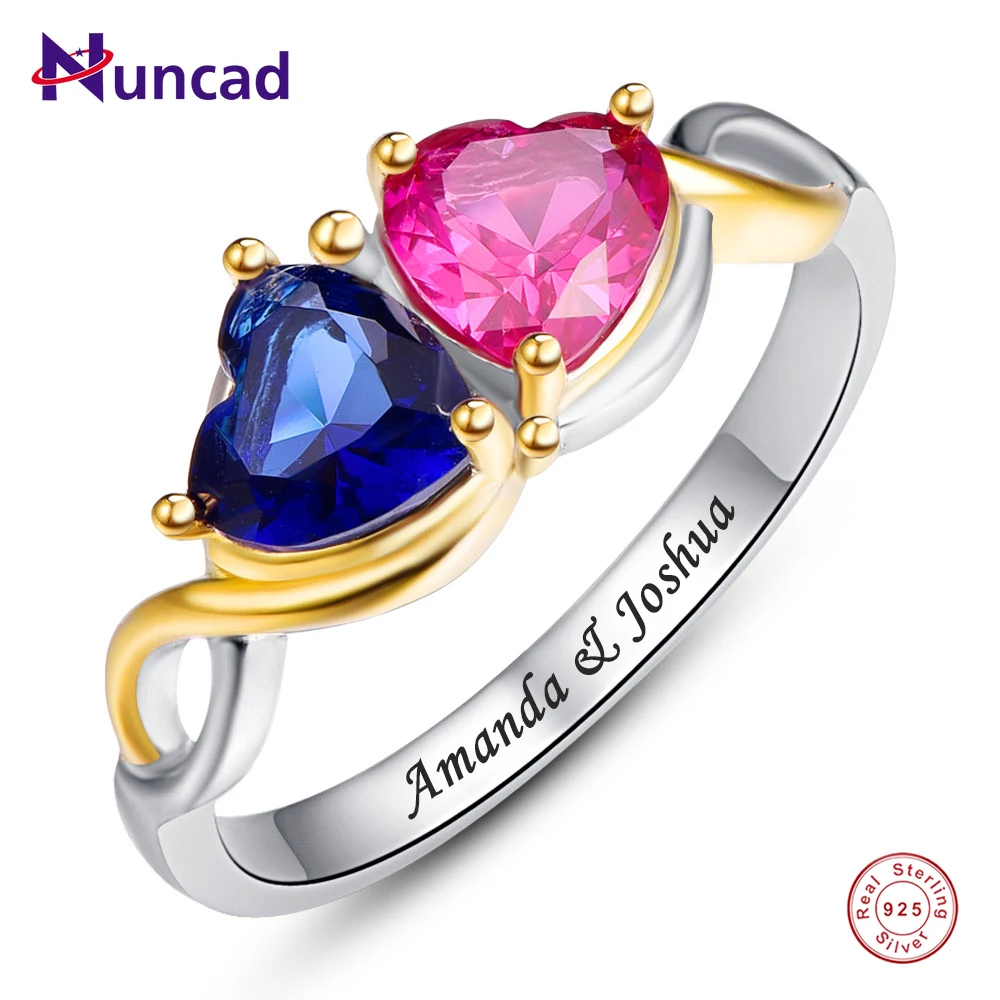 

NUNCAD 925 Silver Ring Customized Zircon Heart-shape Gem 2 Birthstone 2 Names Women's Birthday Gift Jewelry