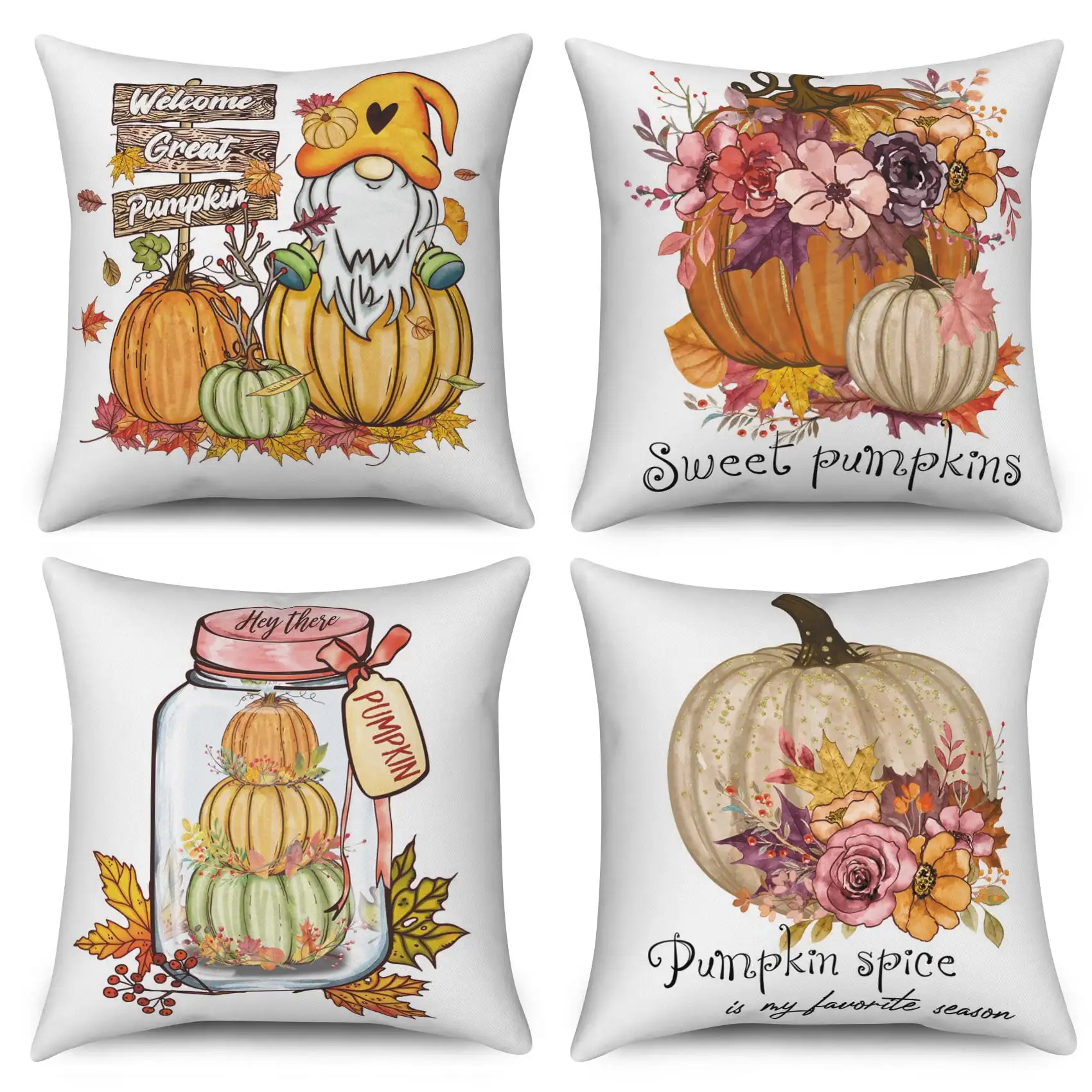 Pbobriich Fall Throw Pillow Case 16x16 Inch Set of 4, Pumpkins Autumn Farmhouse Pillow Cover for Home Decor