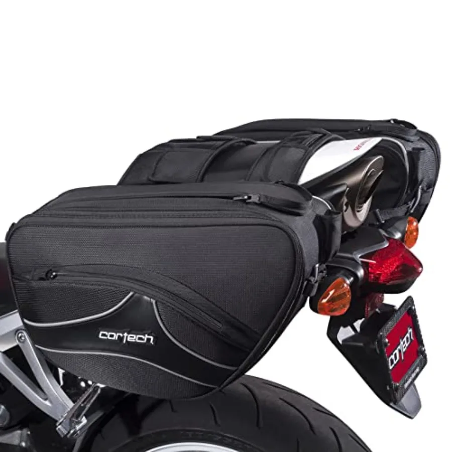 Motorcycle saddlebags for outdoor riding, durable nylon fabric, black color, waterproof and quick-release design