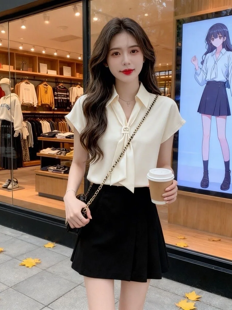 

Elegant Chiffon Shirt for Women with Sash Unique Beautiful Spring Fashion Lightweight Luxury Feel Loose Fit Short Sleeve V-Neck