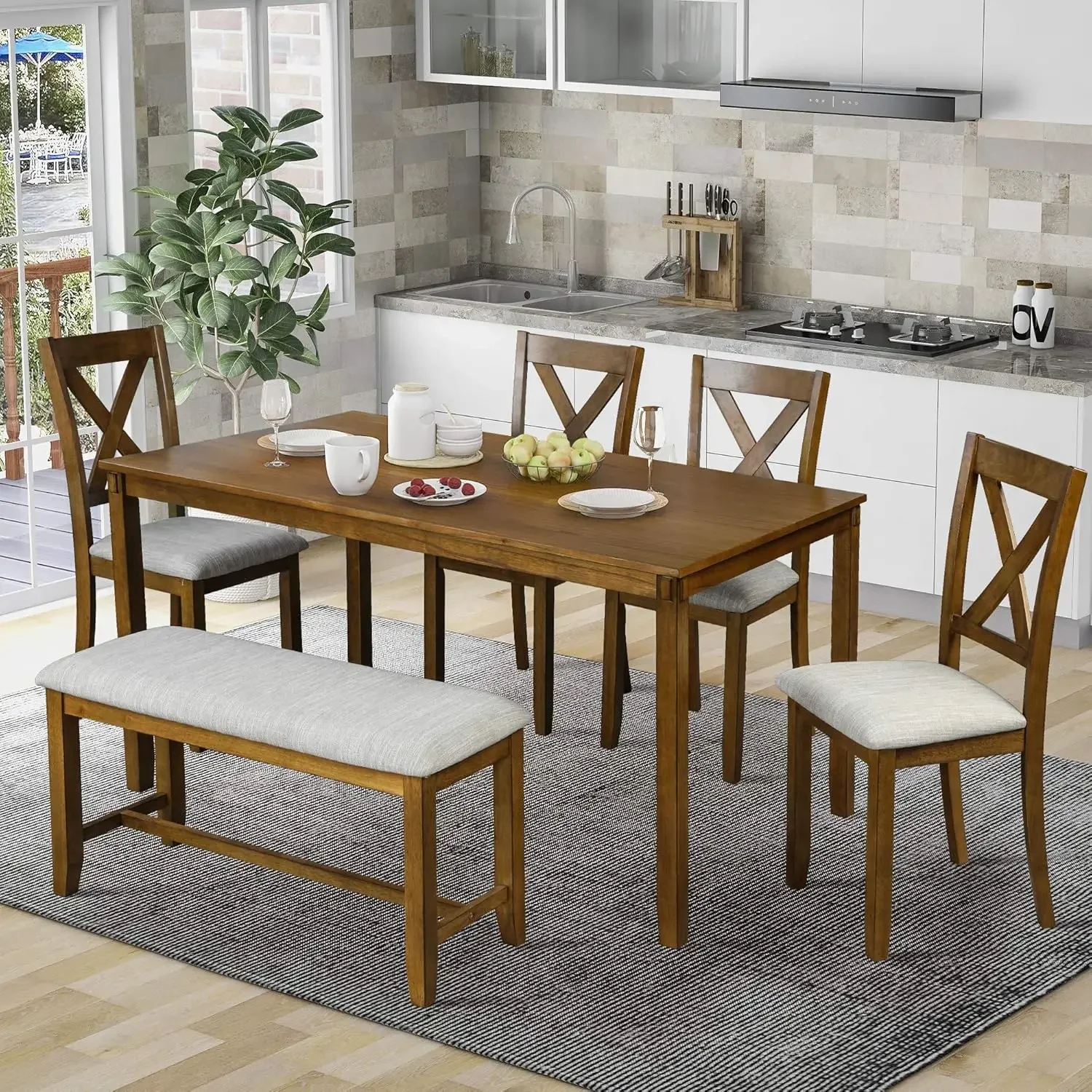 6 Piece Wooden Dining Table Set with Bench and 4 Dining Chairs, Kitchen Table Set Family Furniture for 6 People (Light Brown)