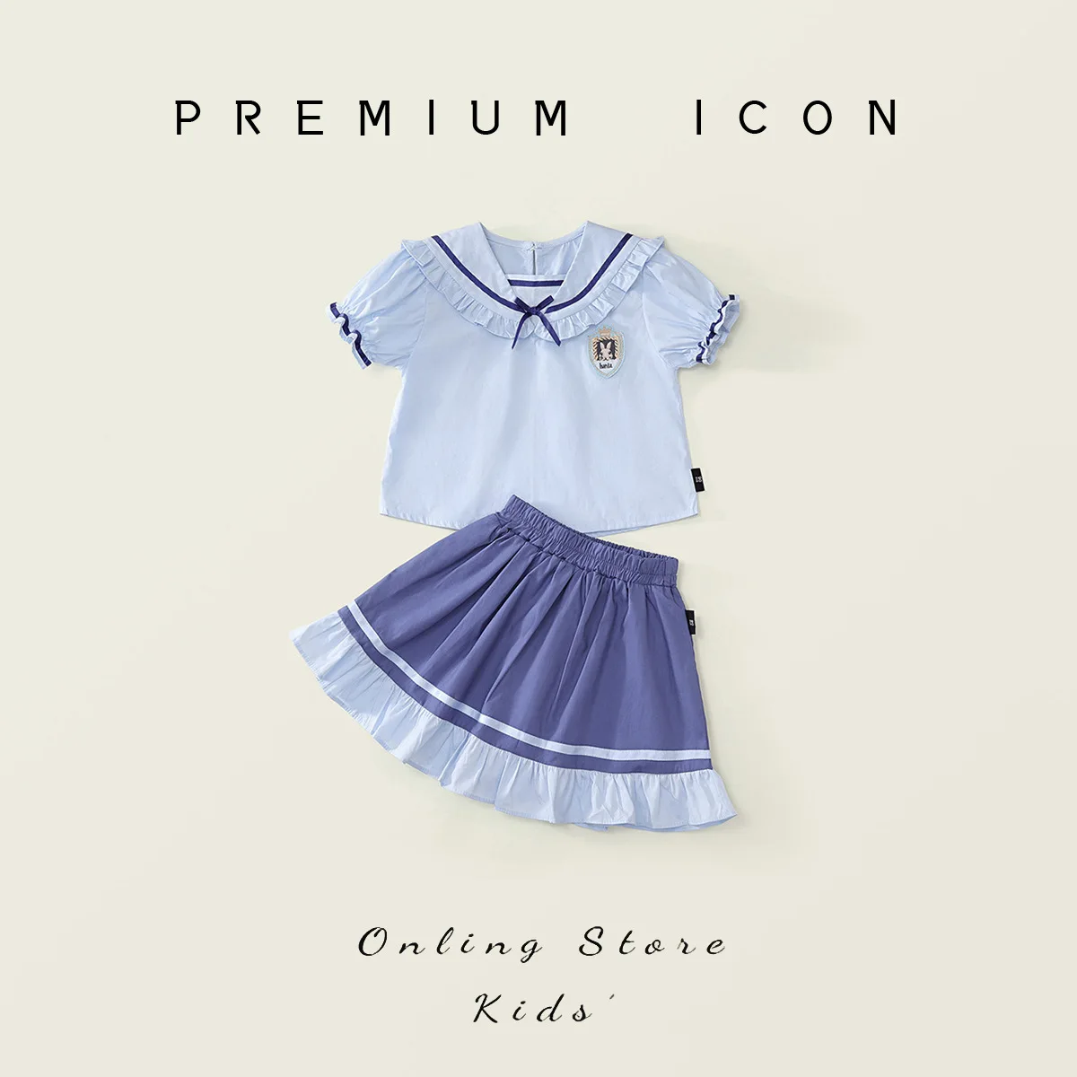 

Summer Kids Baby Girls Suit Rabbit Navy Collar Bubble Short Sleeves Spliced Ruched Skirts Outfit For 1-8Y Girls Infant Girl 2Pcs