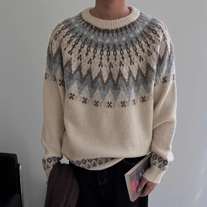 Autumn Winter Fair Island Men's Christmas Sweater Knitwear Vintage Long Sleeve Crew Neck Pullover Geometric Pattern Sweater Male