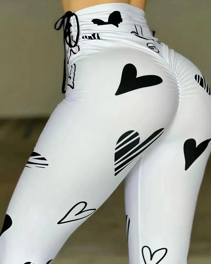 Woman Fashion Tights Pants Summer New Drawstring Printed Yoga Exercise Hip Lifting Fitness Leggings Trousers for Female