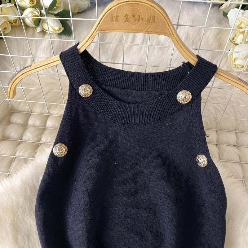Botões verão feminino tricô bainha tanque vestido feminino bodycon malha camisola sem mangas mini vestidos para roupas femininas