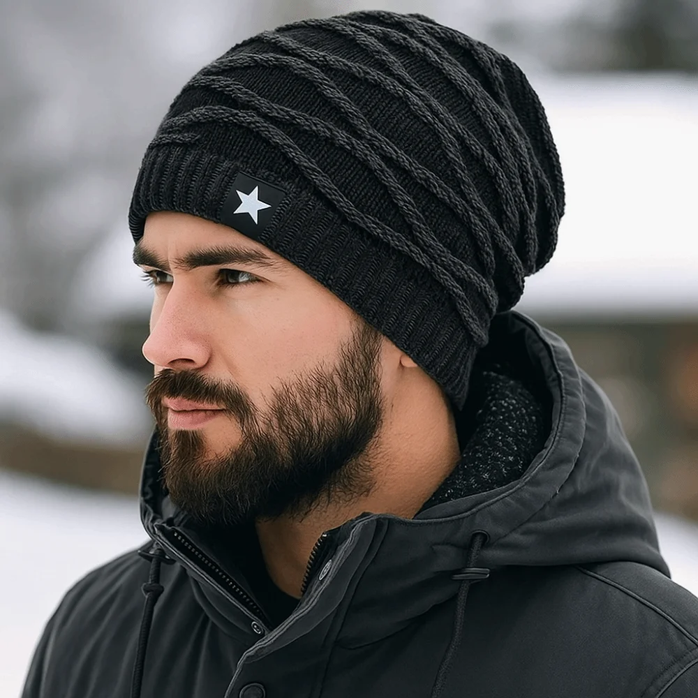 

Soft Thickened Fleece Pile Cap Rhombus Jacquard Star Cycling Pullover Cap Warm Windproof Beanies Hat Men