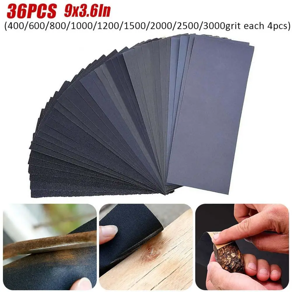 Complete 36Pcs Sandpaper Set with Wet and Dry Applications Includes Grits 400 3000 for Polishing Various Surfaces
