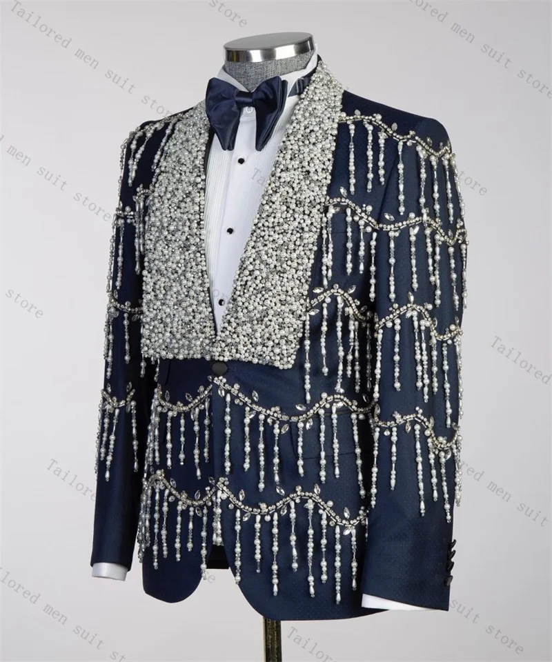 Cristaux de luxe hommes costume ensemble 2 pièces Blazer + pantalon travail formel bureau mâle veste bal coton manteau pantalon marié mariage Tuxedos