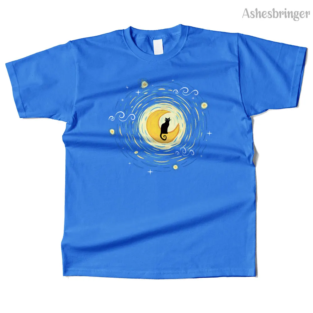 Mens Cotton Starry Moon Cat Graphic High Quality T Shirt Street Casual Style Tee for Men and Women