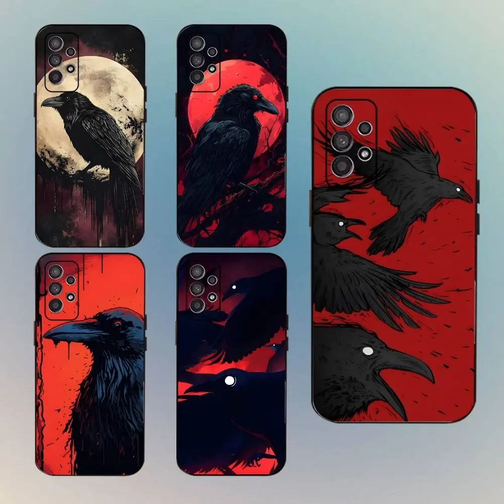 

Red Background Black Raven Phone Case For Samsung Galaxy A13,A21s,A22,A31,A32,A52,A53,A71,A80,Soft Black Shell
