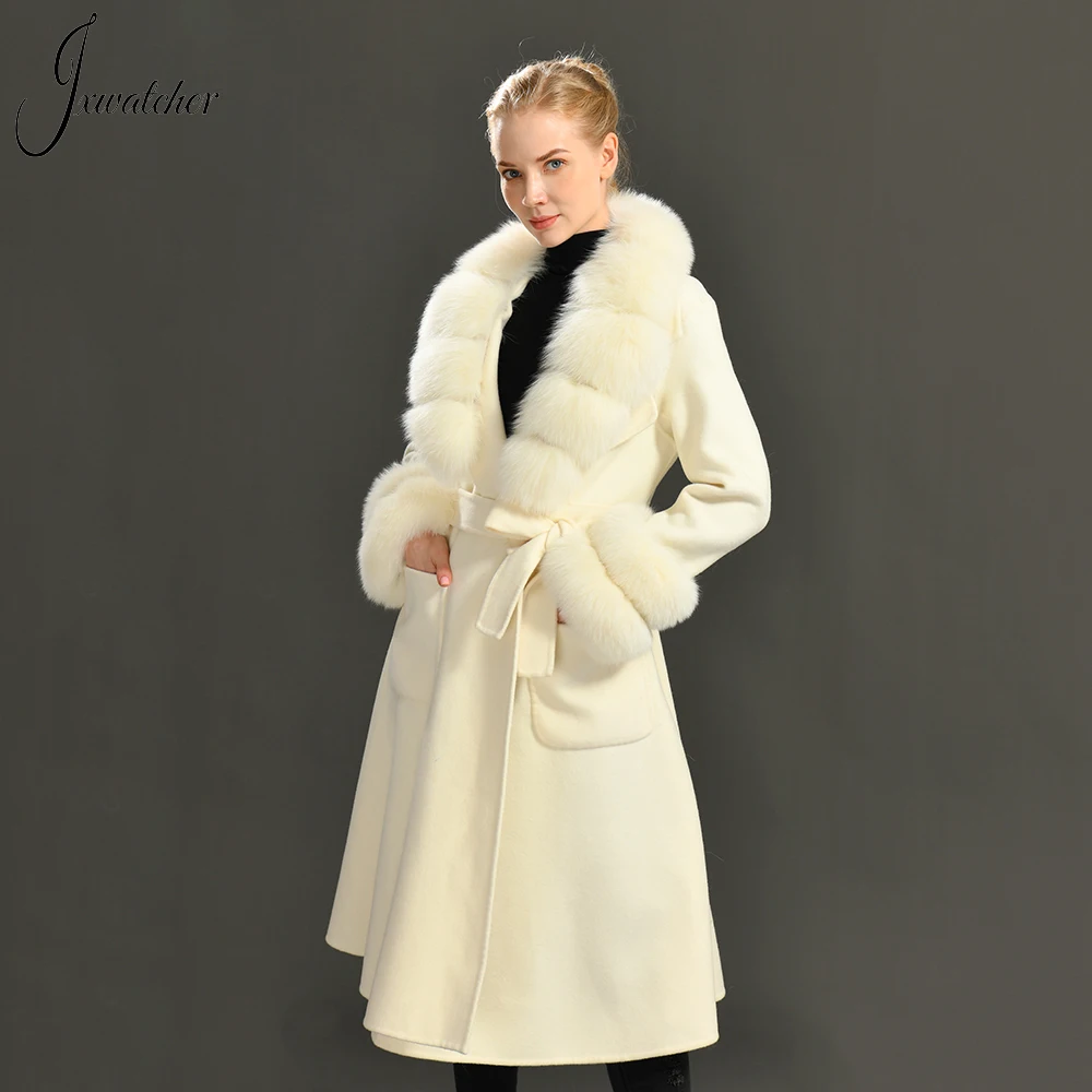 

Women Elegant Long Wool Coat with Belt Solid Color High Quality Full Sleeves Chic Outerwear Ladies Overcoat Autumn Winter 2022