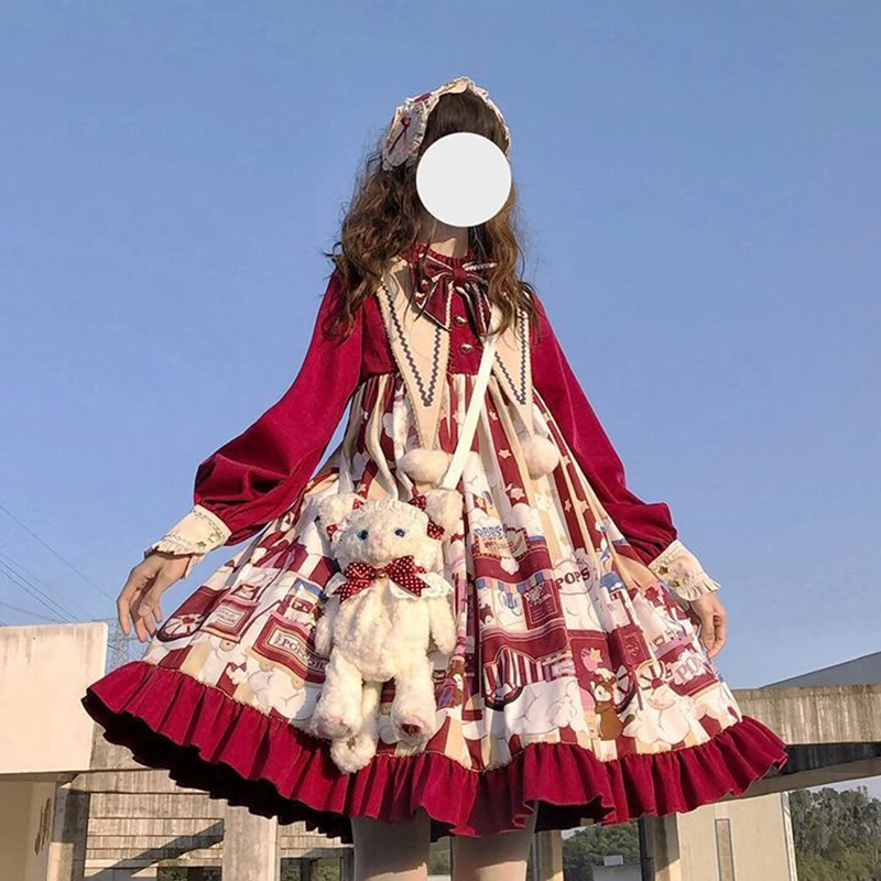 Vestido vermelho lolita com babados para meninas, princesa Op, manga comprida, estilo japonês, roupa kawaii, roupa vintage, ano novo, doce