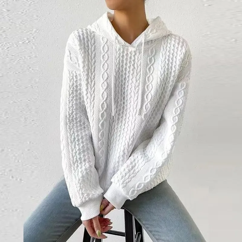 Women's Oversized Medium Weight Long Sleeve Solid Color Hoodie with Drawstring Casual Mid-Length Jacquard Women's Sweatshirt