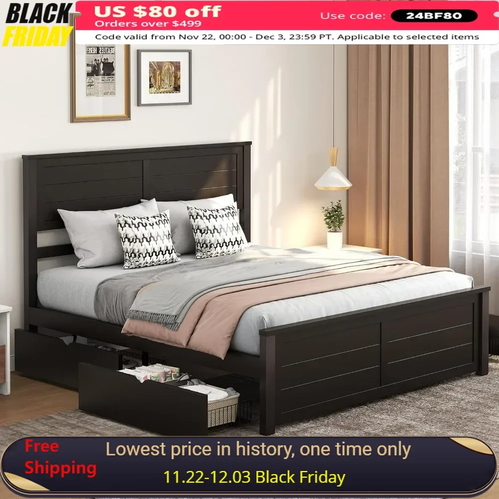 

Queen Bed Frame with Headboard and 4 Storage Drawers, Wood Bed Frame for Bedroom, Wood Slats Support, Bed Frame