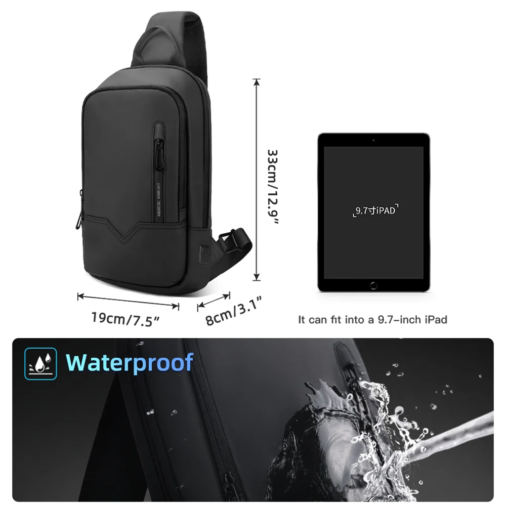 Heroic Knight Men’s Chest Bag Waterproof Short Trip Male Crossbody Bag Packs With USB Charging Port Multifuctional Shoulder Pack