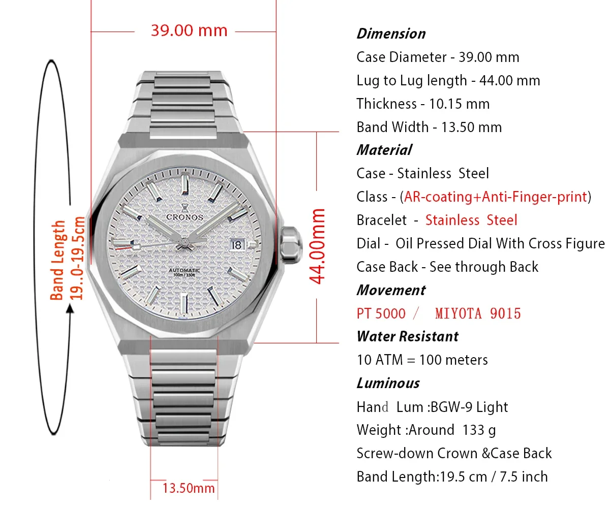Cronos L6028M V2 Luxury Men Watch 39mm Automatic PT5000 /Miyota 9015 Wristwatches Sapphire 10ATM See-through Back  Watch Men