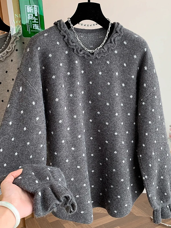 

Large Size Women's Casual Sle Knitted Sweater with Wood ain Ruffle Design And Polka Dot Pattern Winter Loose Fit Knitwear