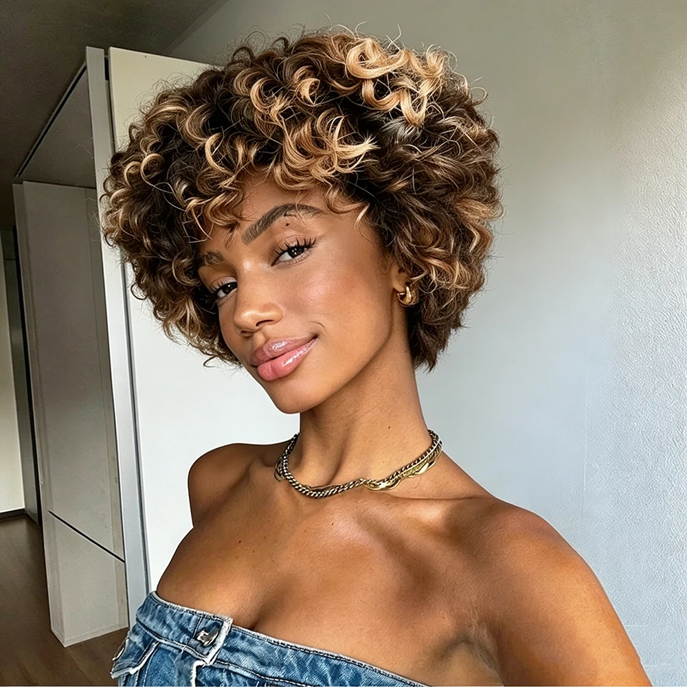 Peruca Curta Pixie Marrom com Mechas, Cabelo Humano Cacheado Crespo com Franja para Mulheres, Cabelo Brasileiro, Touca Feita à Máquina, Cor 4/30
