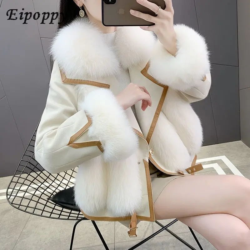 New Faux Suede Faux Fox Fur Faux Fur Coat Female Winter Haining Fashion Fur and Leather Overcoat