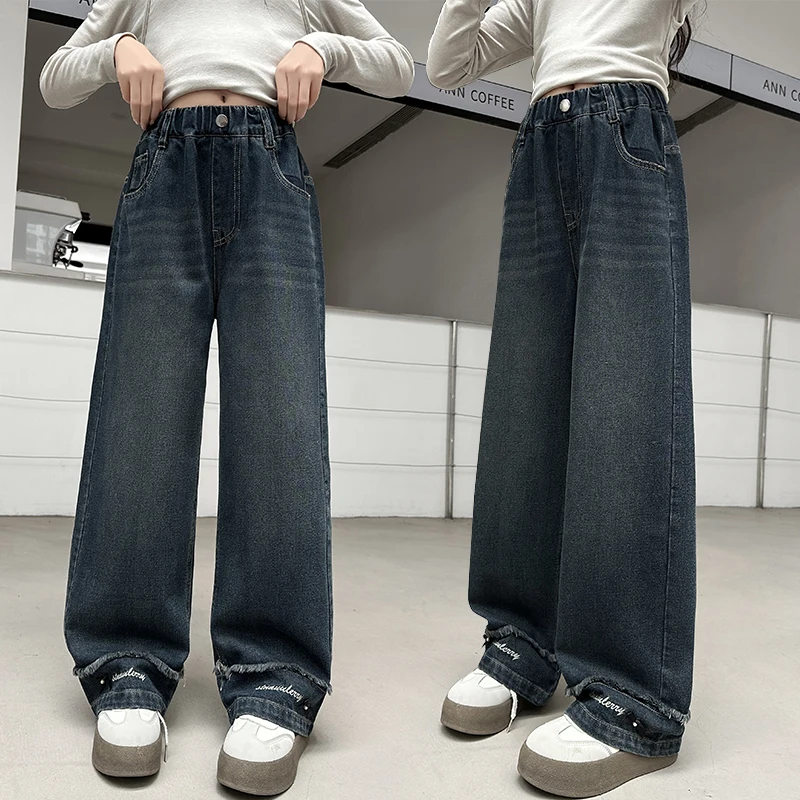 

Girl Leg Letter Embroidery Jeans New Teenage Children Straight Denim Pants For Kid Loose Trousers Spring Autumn 4 6 8 10 12 14 Y